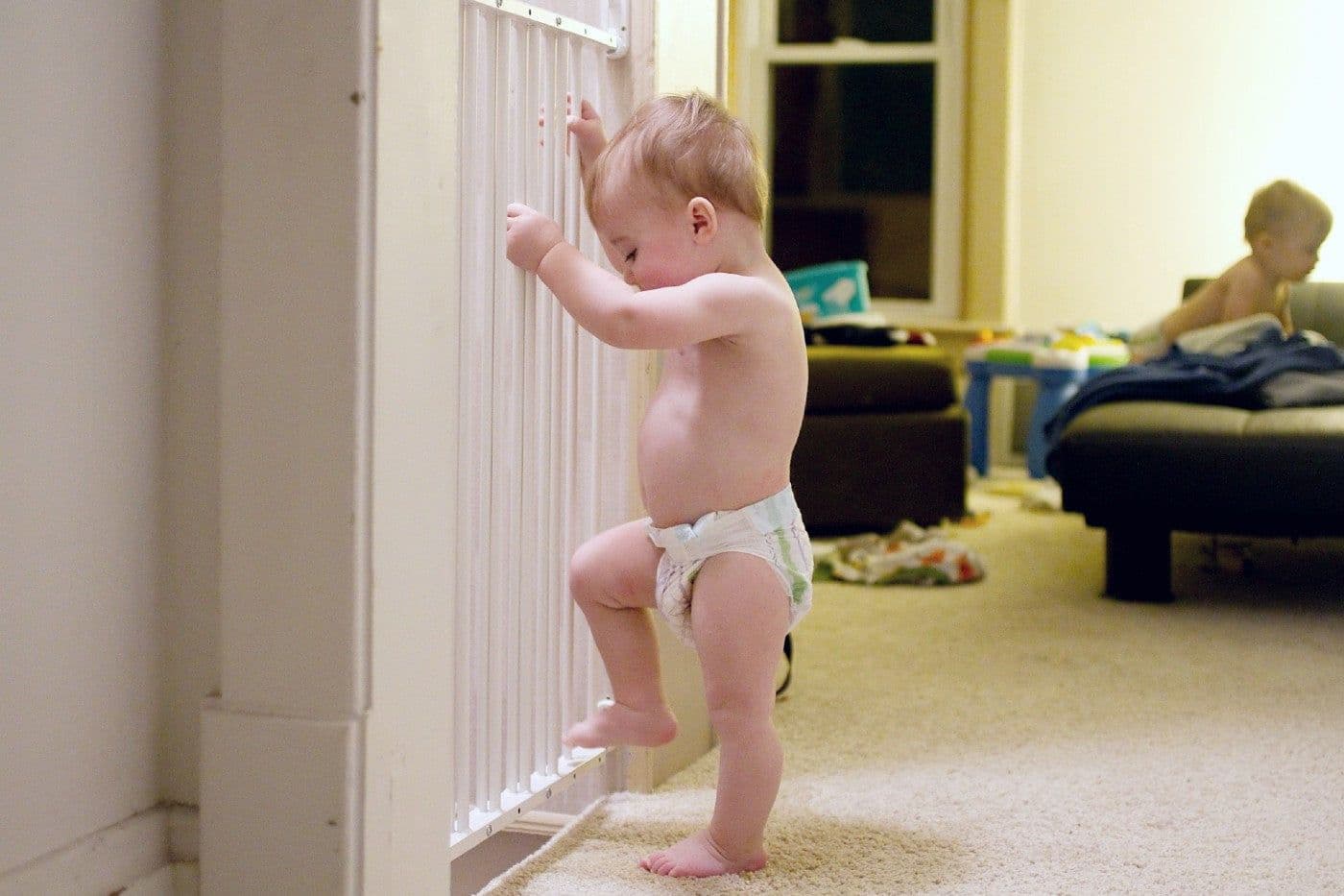 A toddler tries to scale a baby gate